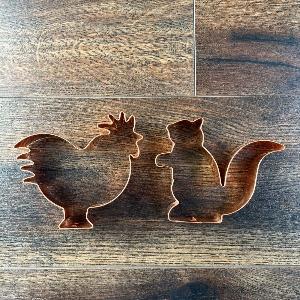 Vintage Solid Copper Cookie Cutters Set Heavy Gauge Riveted Rooster & Squirrel